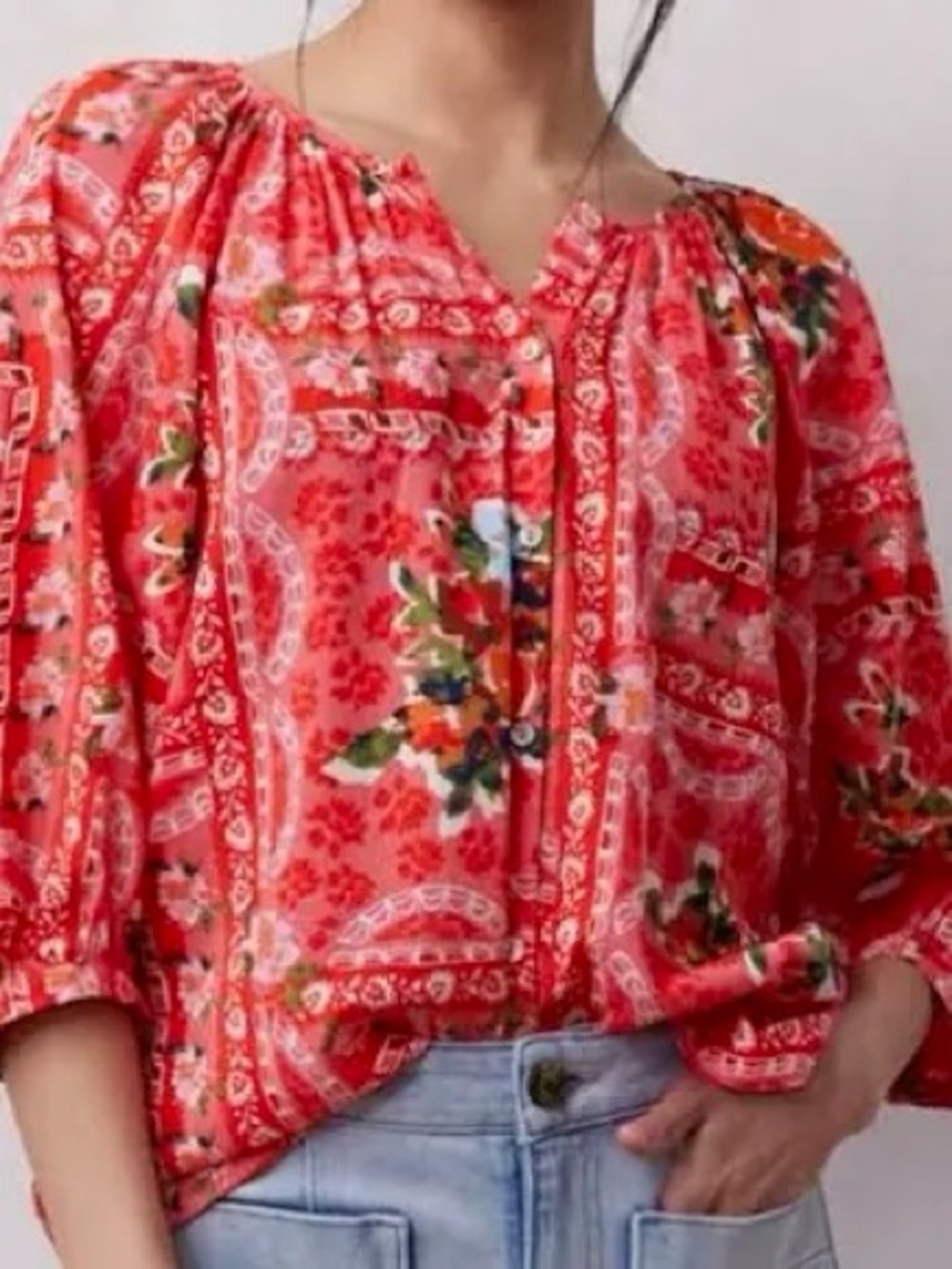 LC Lauren Conrad bright colorful floral button front 3/4 balloon sleeve blouse M